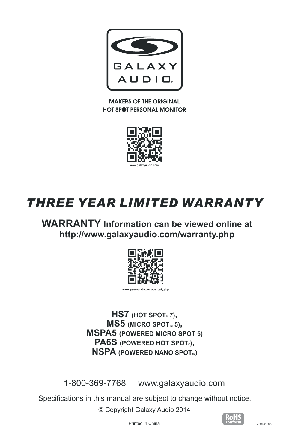 Three year limited warranty, Warranty, Mspa5 | Pa6s, Nspa | Galaxy Audio MSPA5 User Manual | Page 24 / 24