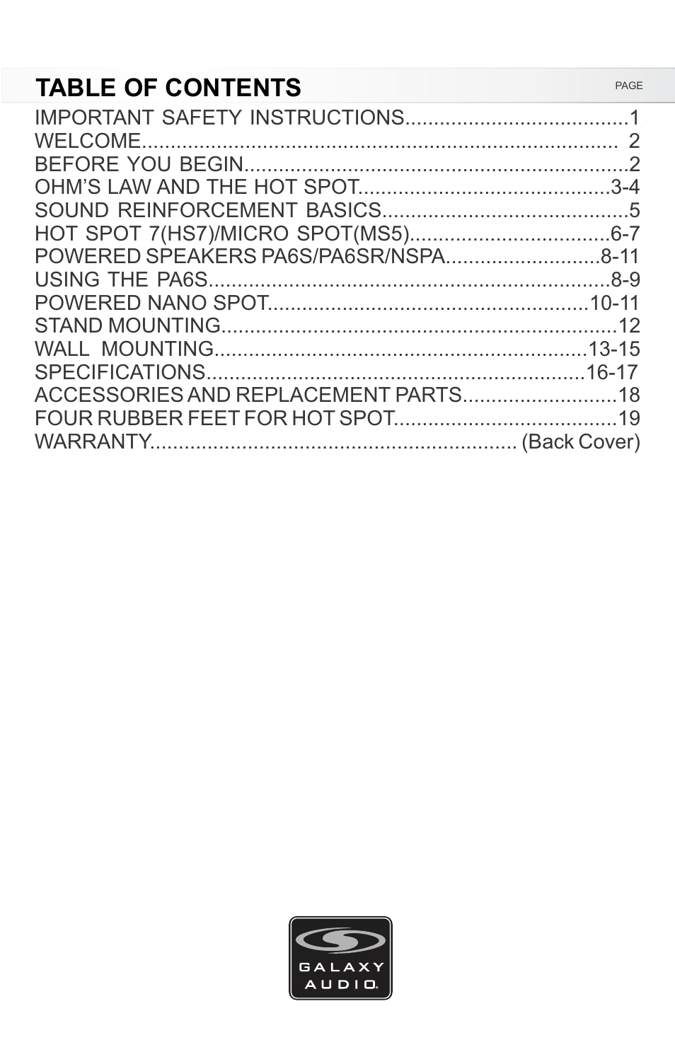 Galaxy Audio MSPA5 User Manual | Page 3 / 24