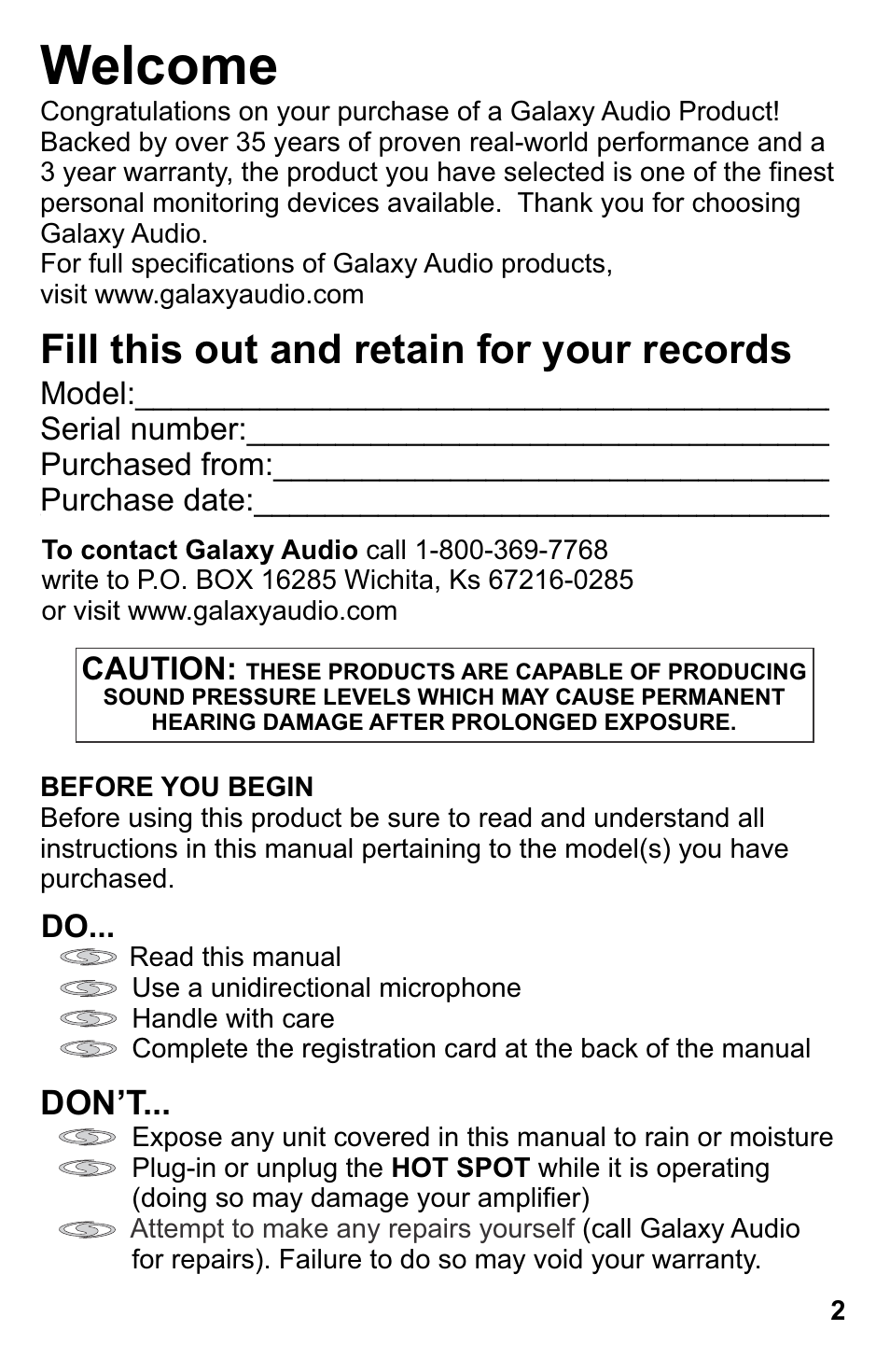 Welcome, Fill this out and retain for your records, Don’t | Galaxy Audio MSPA5 User Manual | Page 5 / 24