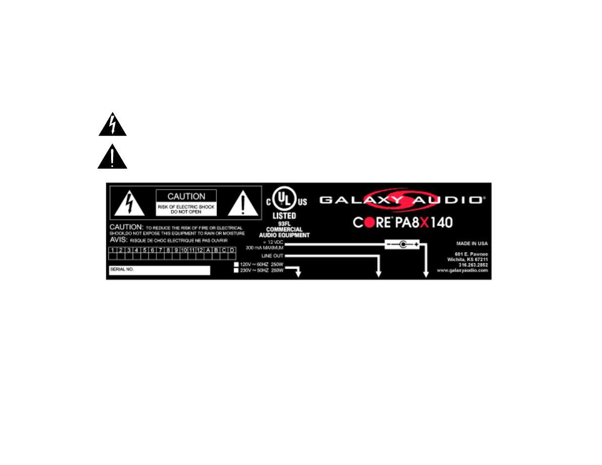 Warning, General guidelines for operating the core pa8x140 | Galaxy Audio PA8X140 User Manual | Page 2 / 12