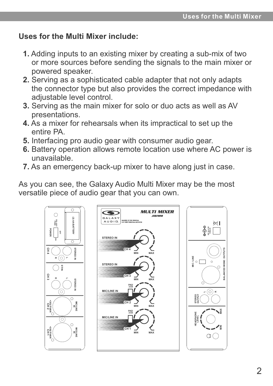 Uses for the multi mixer | Galaxy Audio JIB/MM User Manual | Page 3 / 8