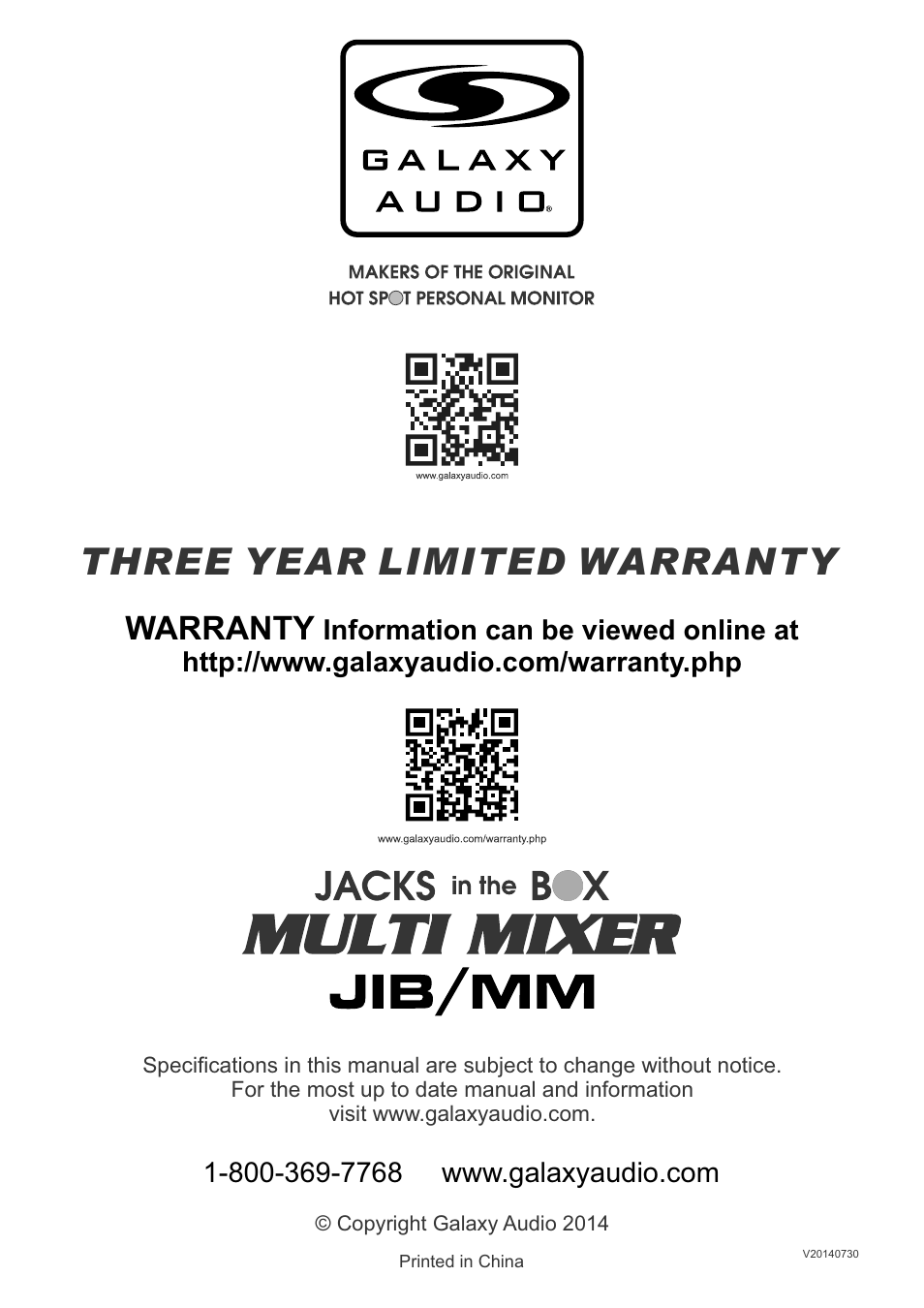 Three year limited warranty, Warranty | Galaxy Audio JIB/MM User Manual | Page 8 / 8