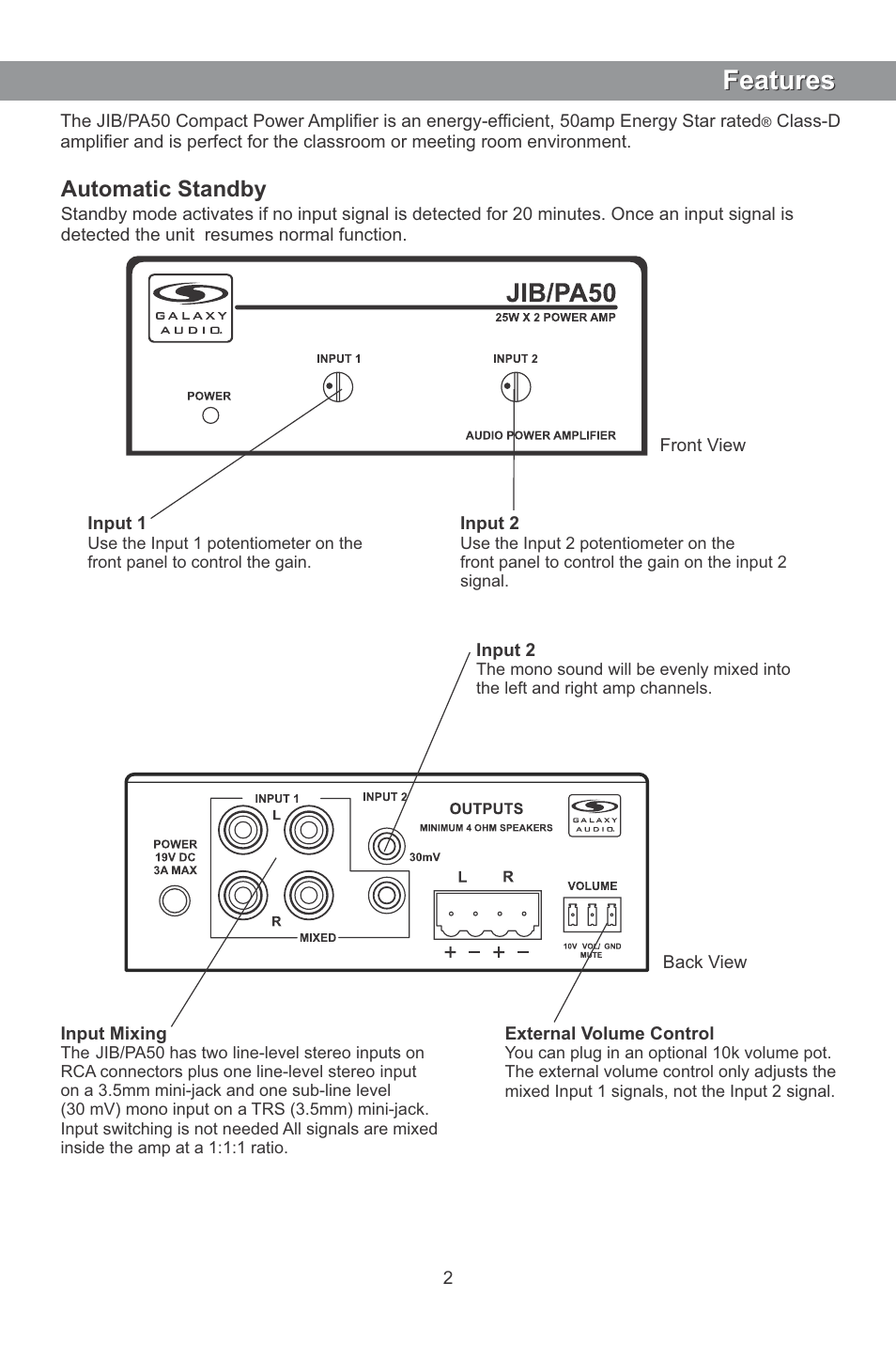 Features, Automatic standby | Galaxy Audio JIB/PA50 User Manual | Page 3 / 8