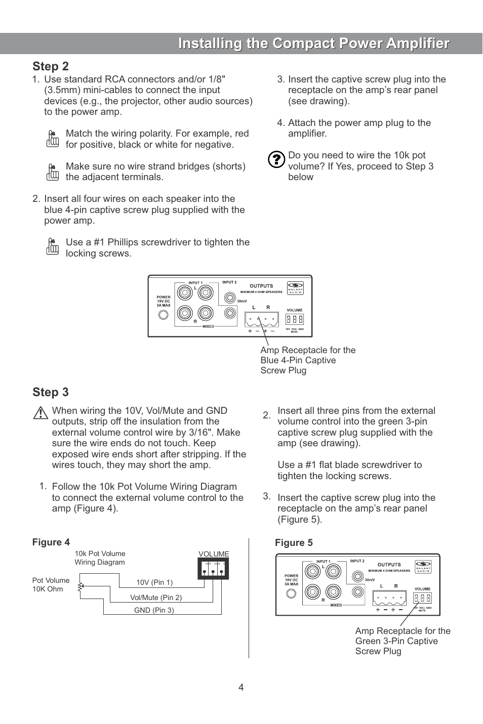Installing the compact power ampliﬁer, Step 2, Step 3 | Galaxy Audio JIB/PA50 User Manual | Page 5 / 8