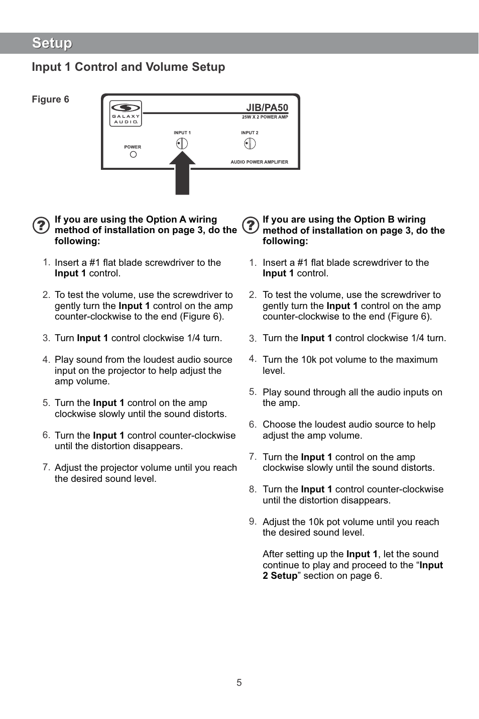 Setup, Input 1 control and volume setup | Galaxy Audio JIB/PA50 User Manual | Page 6 / 8