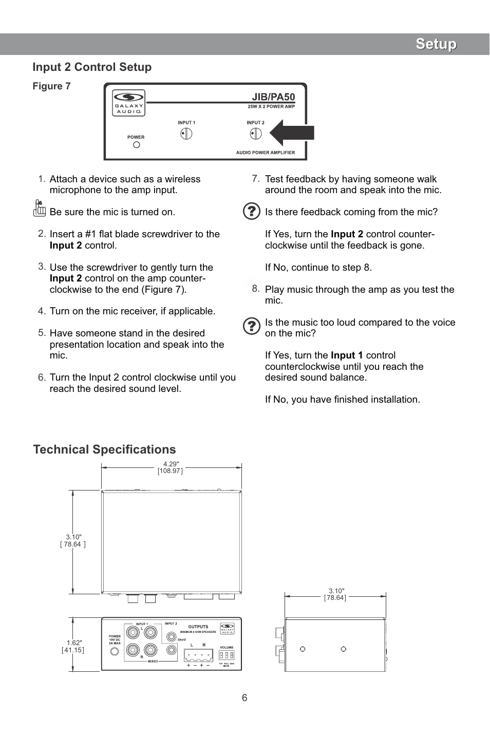 Setup, Technical speciﬁcations, Input 2 control setup | Galaxy Audio JIB/PA50 User Manual | Page 7 / 8