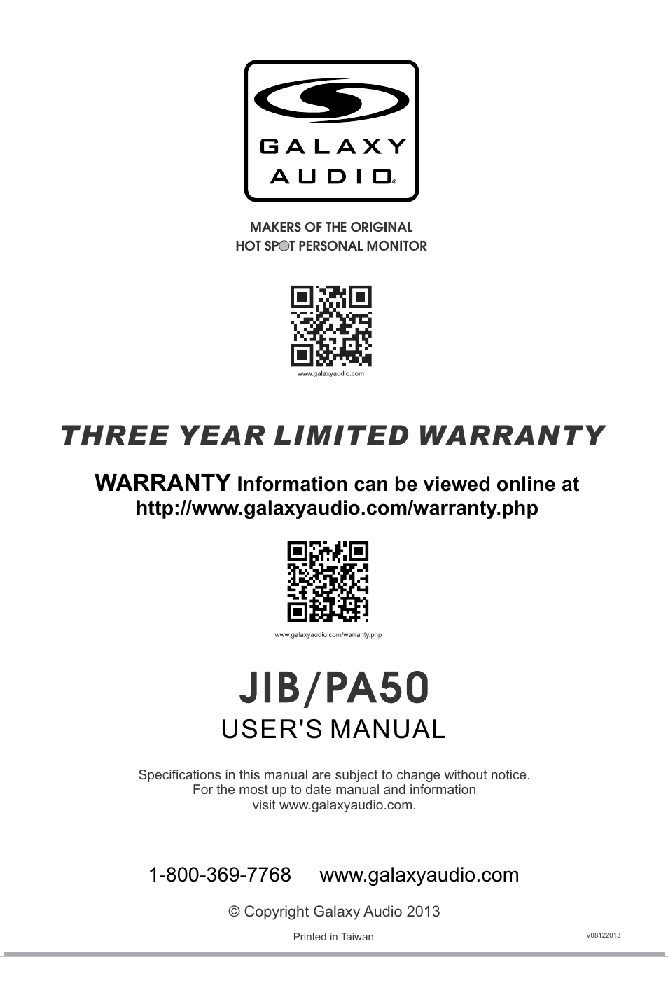 Three year limited warranty, User's manual, Warranty | Galaxy Audio JIB/PA50 User Manual | Page 8 / 8