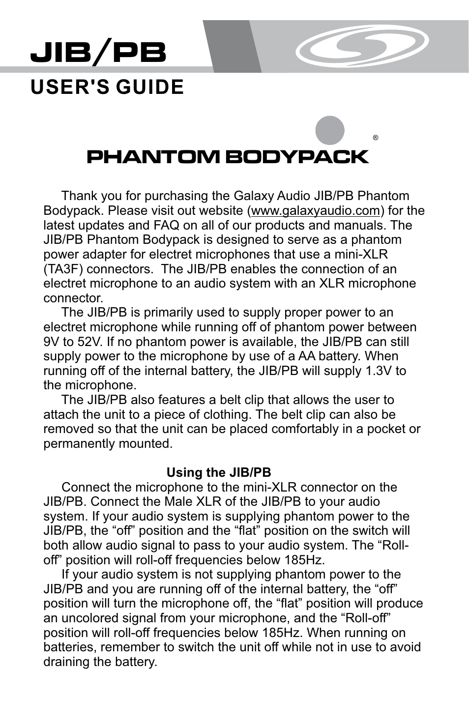 Galaxy Audio JIB/PB User Manual | 2 pages