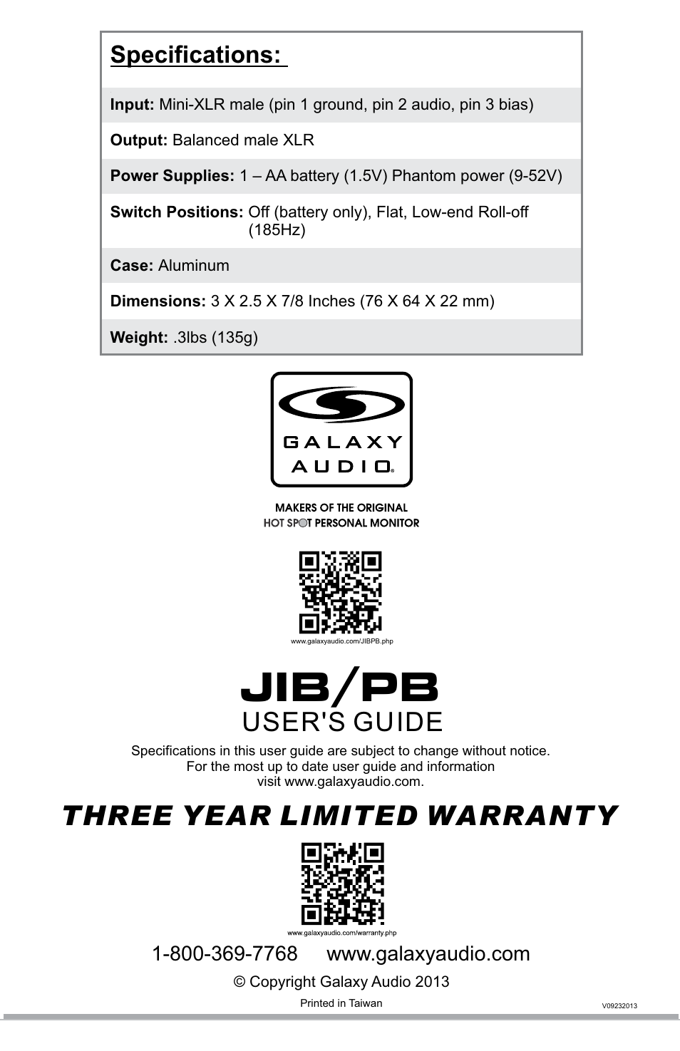 Jib/pb, Three year limited warranty, User's guide | Specifications | Galaxy Audio JIB/PB User Manual | Page 2 / 2