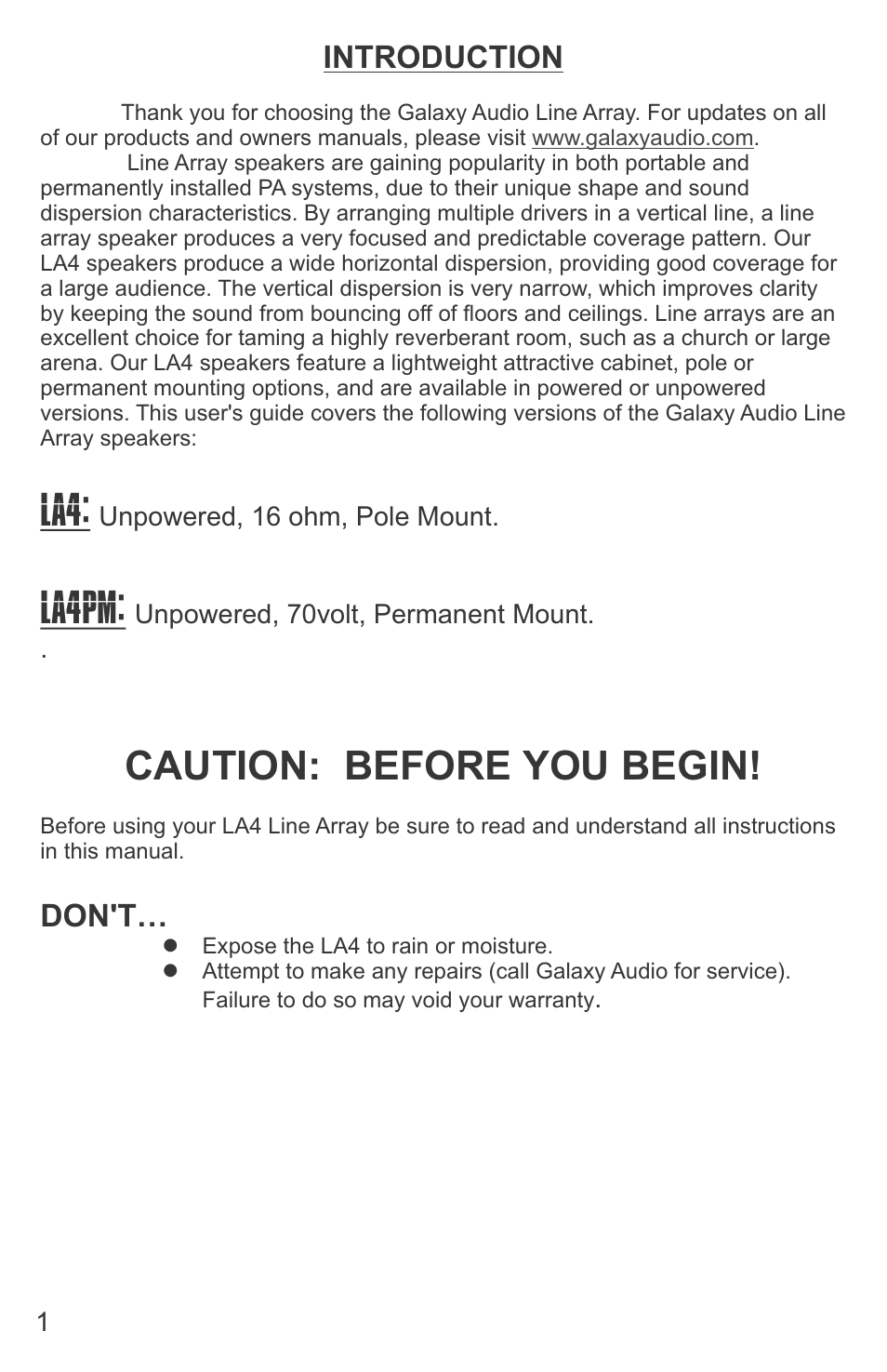 La4pm, Caution: before you begin, Introduction | Don't | Galaxy Audio LA4/LA4PM User Manual | Page 3 / 8