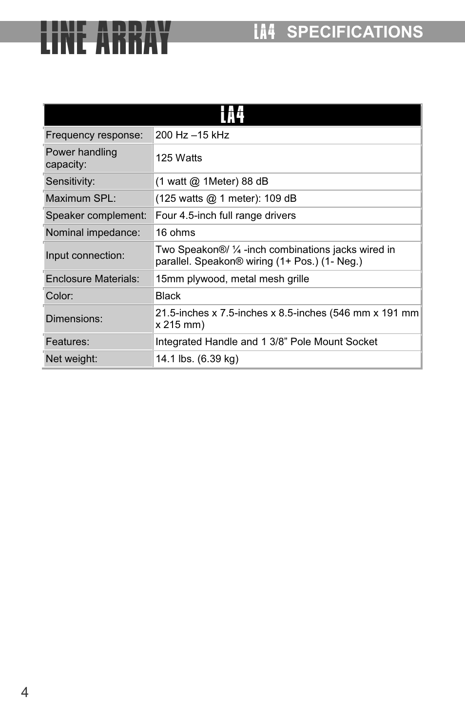 Line array, Specifications | Galaxy Audio LA4/LA4PM User Manual | Page 6 / 8