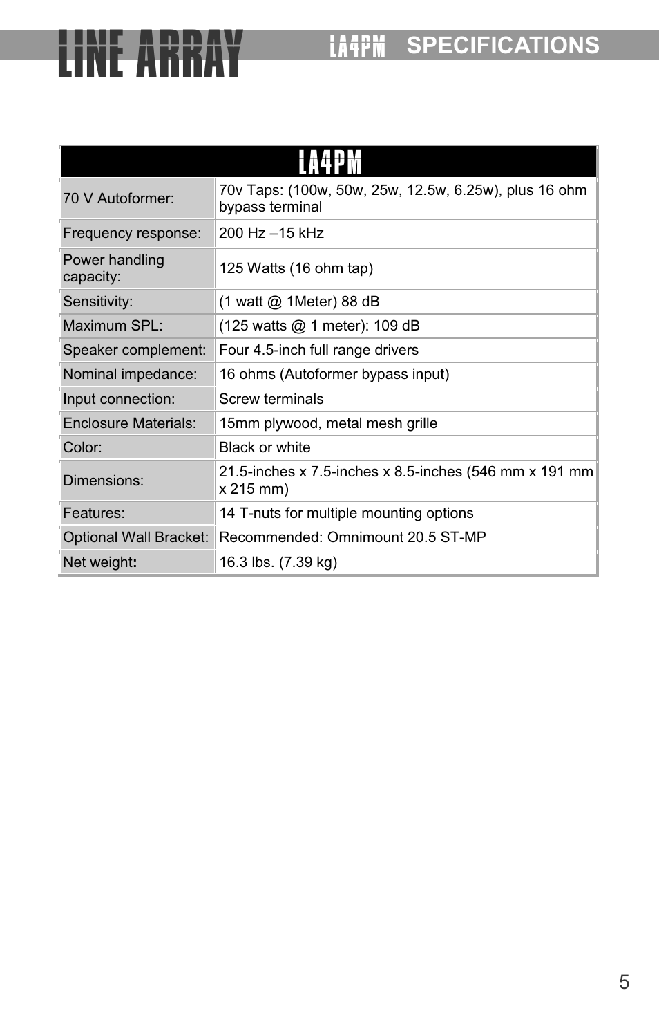 Line array, La4pm, Specifications | Galaxy Audio LA4/LA4PM User Manual | Page 7 / 8
