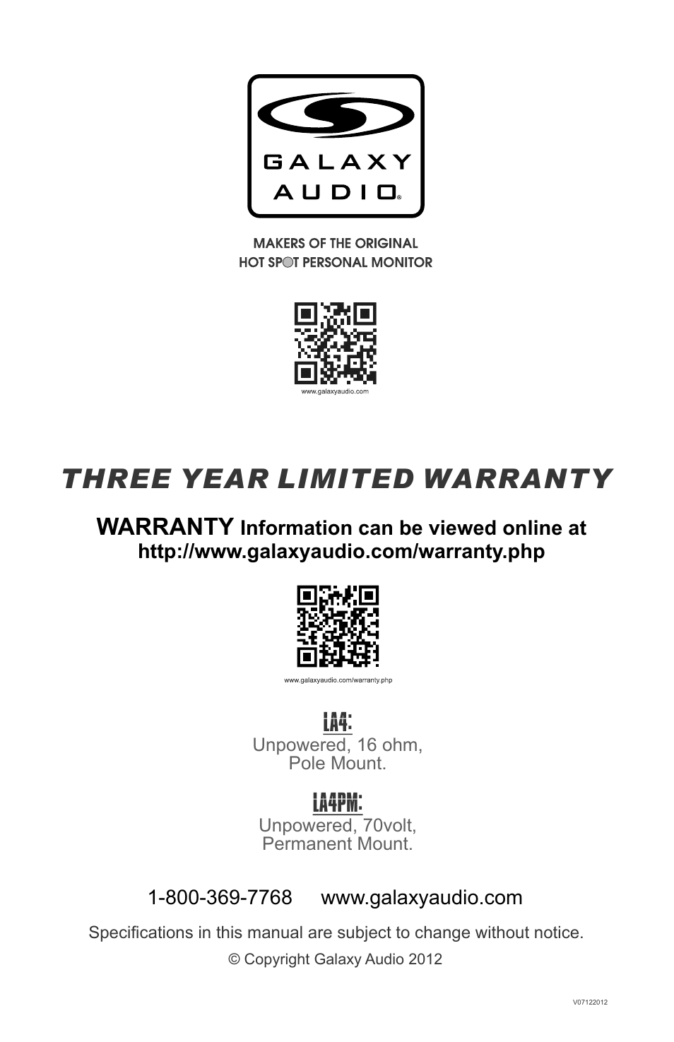 Three year limited warranty, Warranty, La4pm | Galaxy Audio LA4/LA4PM User Manual | Page 8 / 8