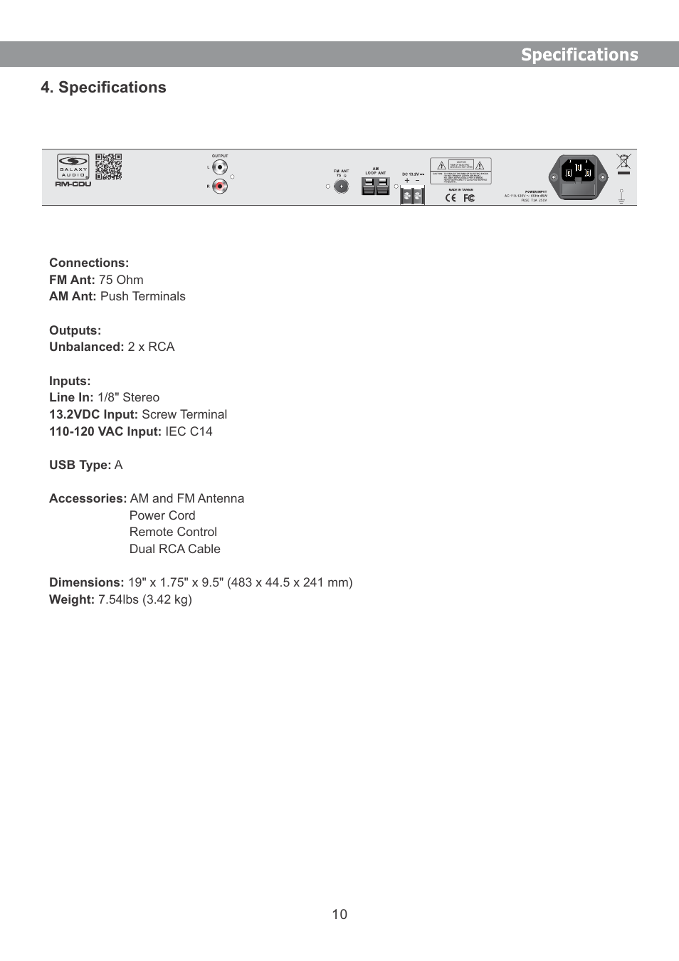 Speciﬁcations | Galaxy Audio RM-CDU User Manual | Page 11 / 12