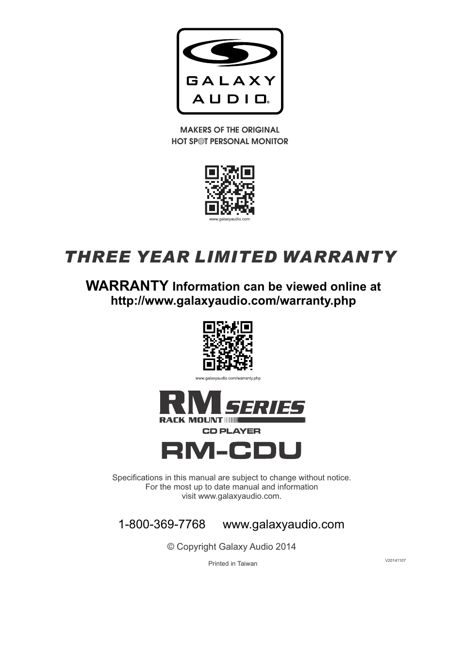 Three year limited warranty, Warranty | Galaxy Audio RM-CDU User Manual | Page 12 / 12