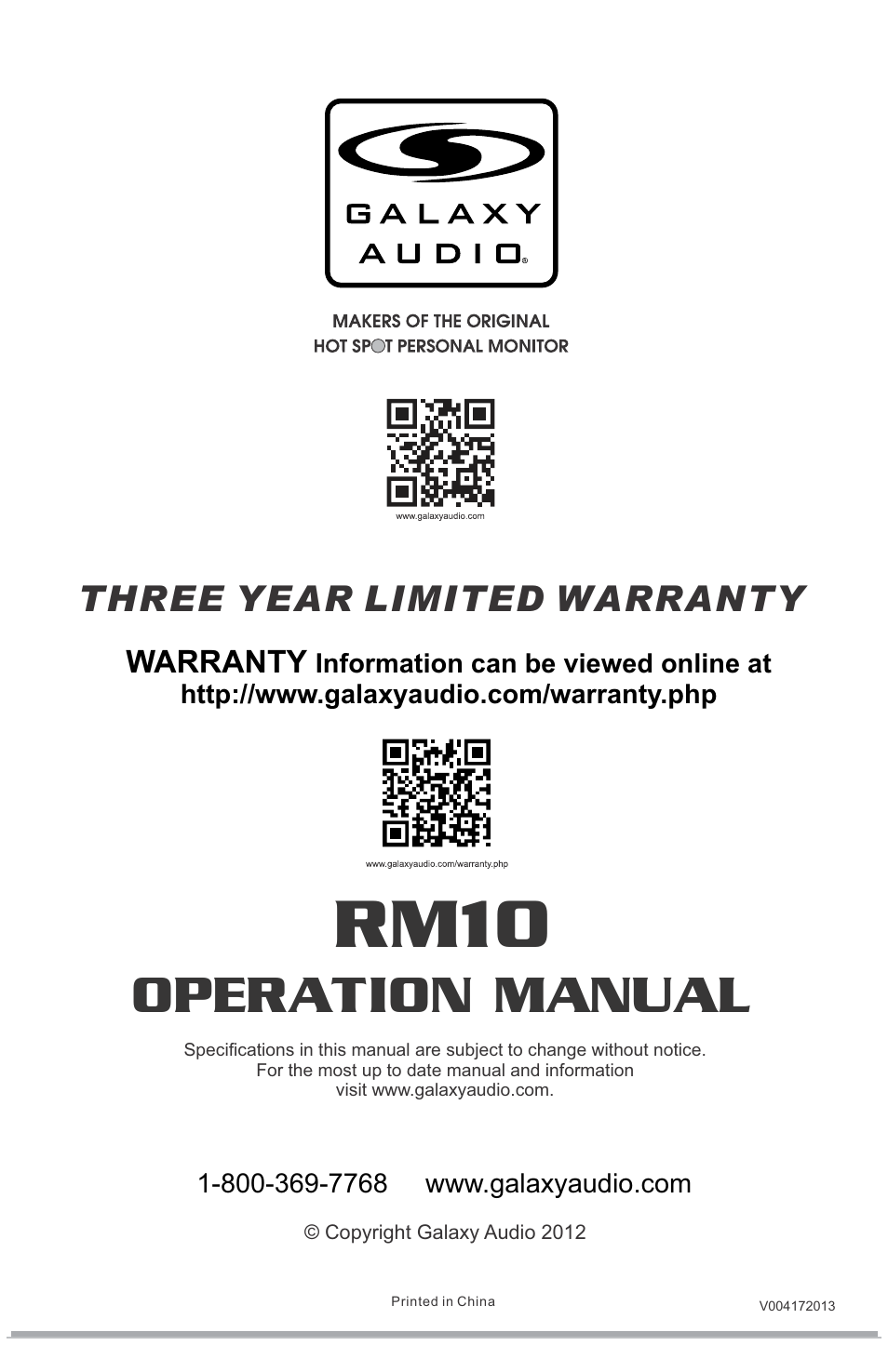 Three year limited warranty, Warranty | Galaxy Audio RM10 User Manual | Page 12 / 12
