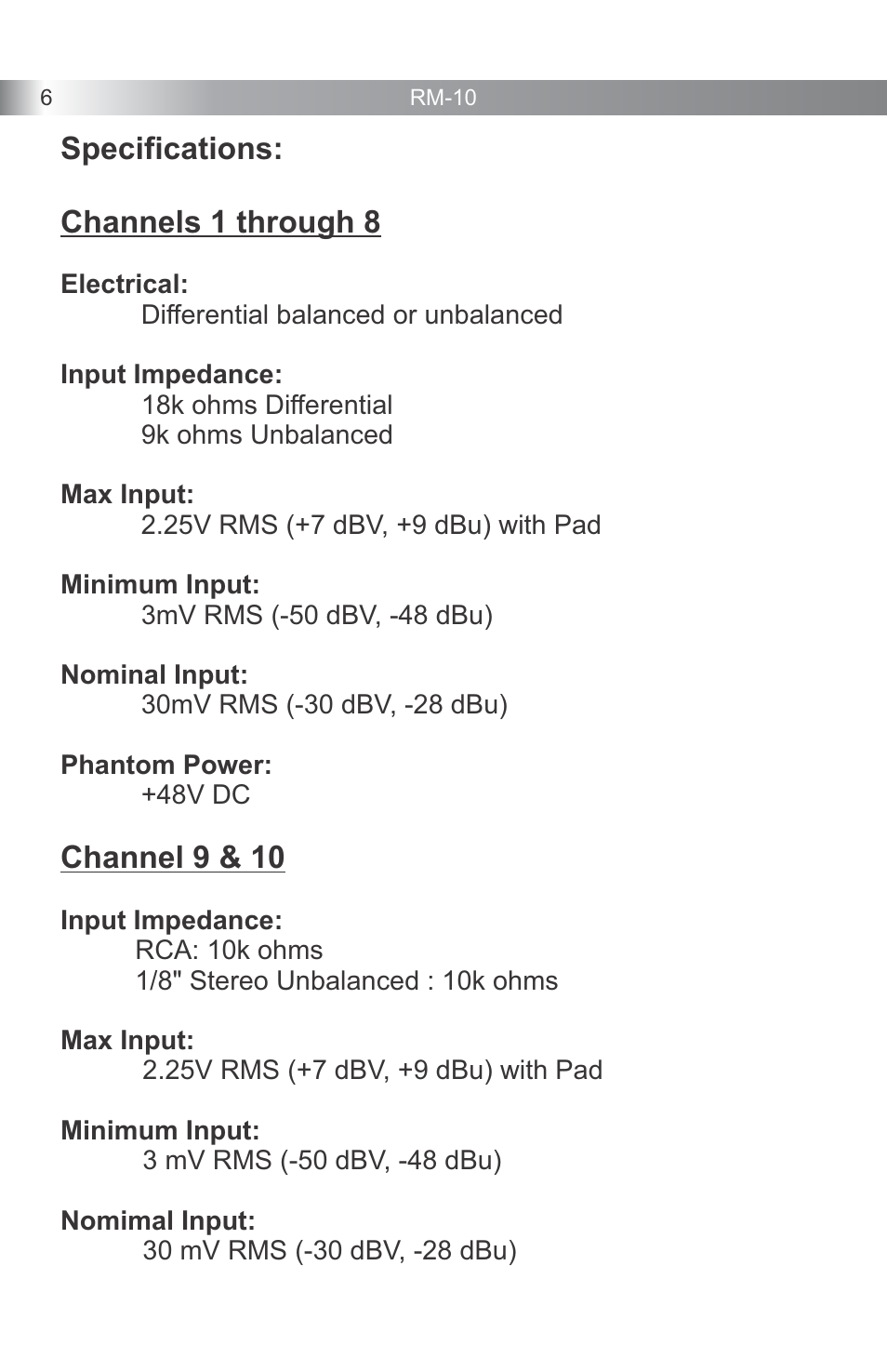 Specifications, Channels 1 through 8, Channel 9 & 10 | Galaxy Audio RM10 User Manual | Page 8 / 12