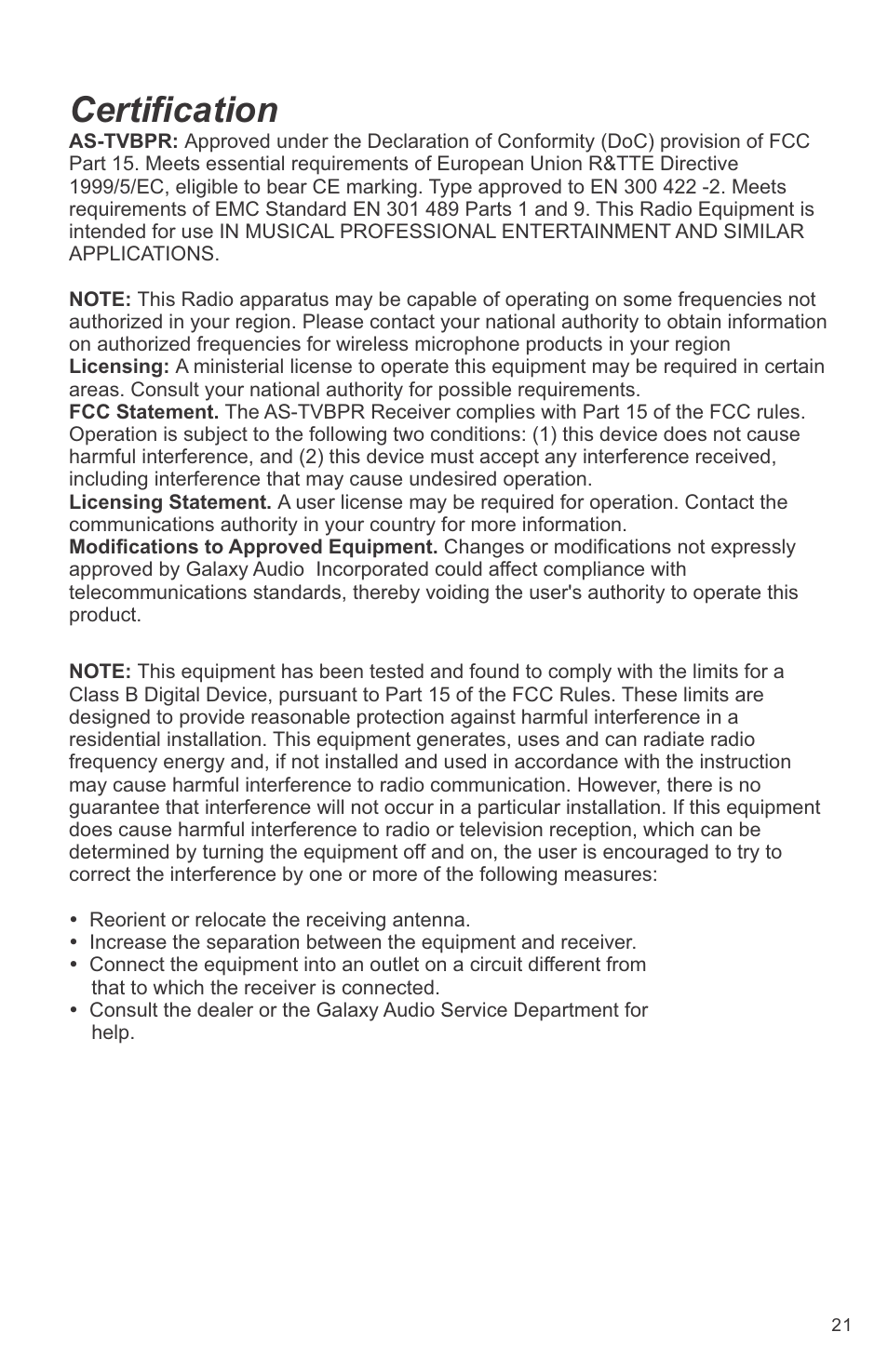 Certification | Galaxy Audio CK-VBPR User Manual | Page 23 / 24