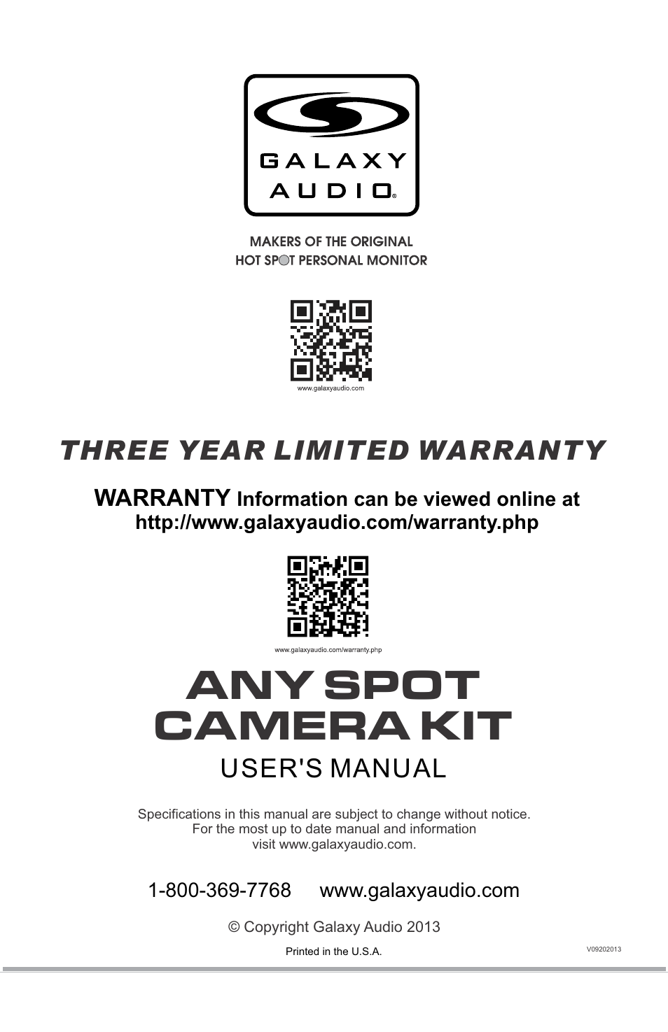 Any spot camera kit, Three year limited warranty, User's manual | Galaxy Audio CK-VBPR User Manual | Page 24 / 24
