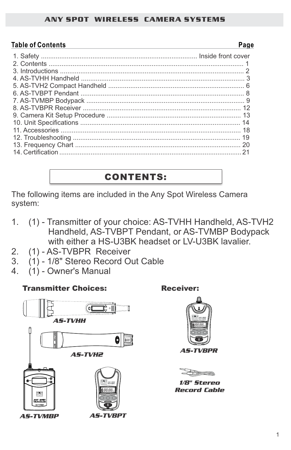 Table of contents page, Transmitter choices: receiver | Galaxy Audio CK-VBPR User Manual | Page 3 / 24