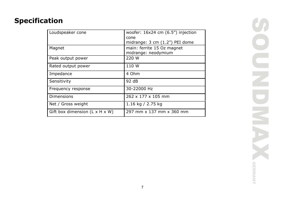 Specification | SoundMax SM-CSE693 User Manual | Page 7 / 13