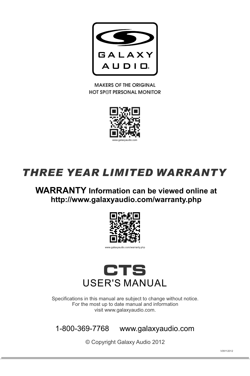 Three year limited warranty, User's manual, Warranty | Galaxy Audio CTS User Manual | Page 20 / 20