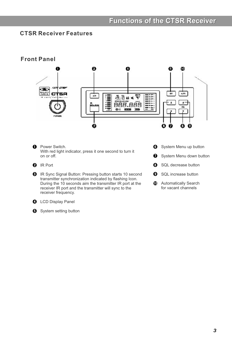 Functions of the ctsr receiver, Front panel, Ctsr receiver features | Galaxy Audio CTS User Manual | Page 5 / 20