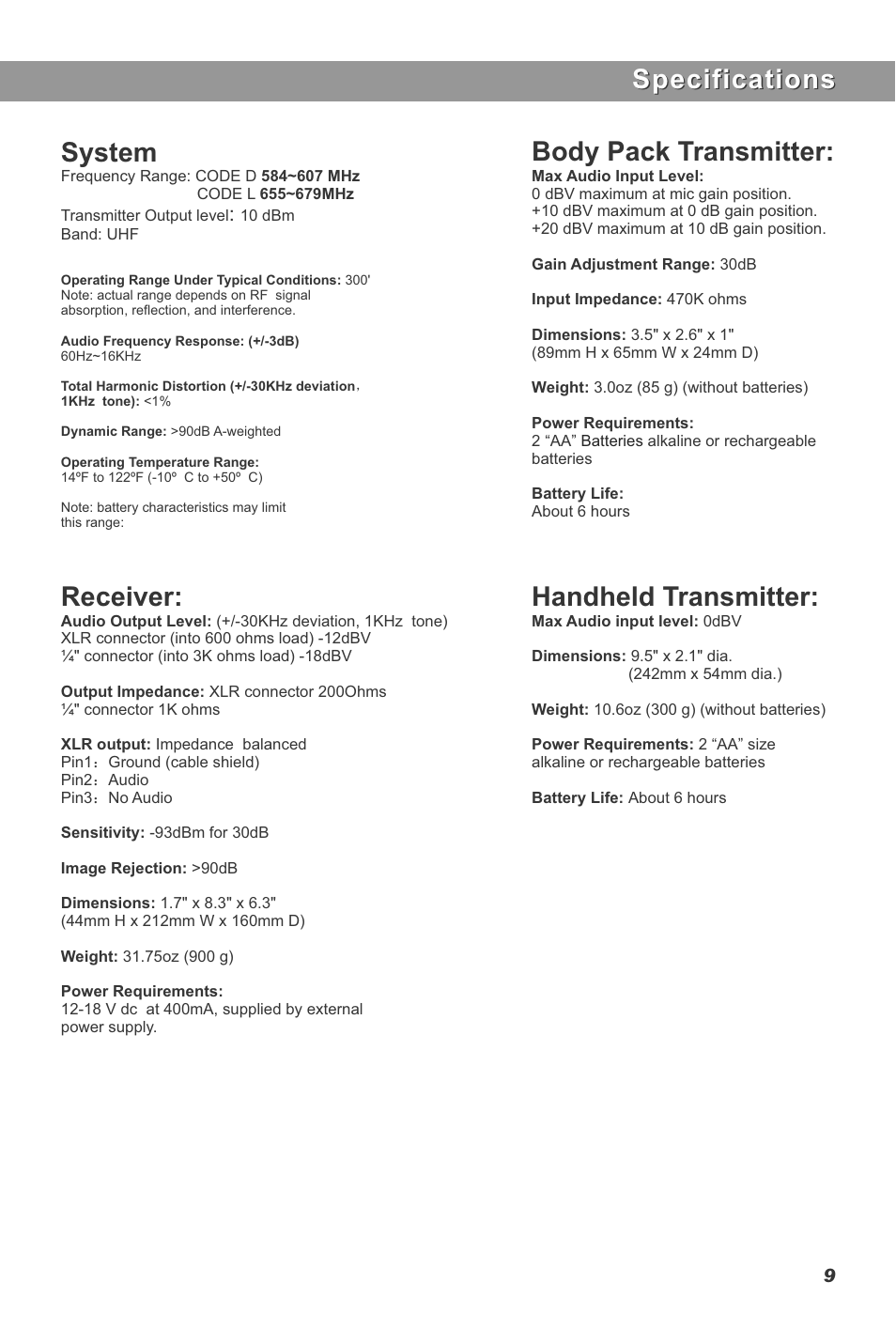 Specifications, Specifications system, Body pack transmitter | Receiver, Handheld transmitter | Galaxy Audio DHT User Manual | Page 11 / 12