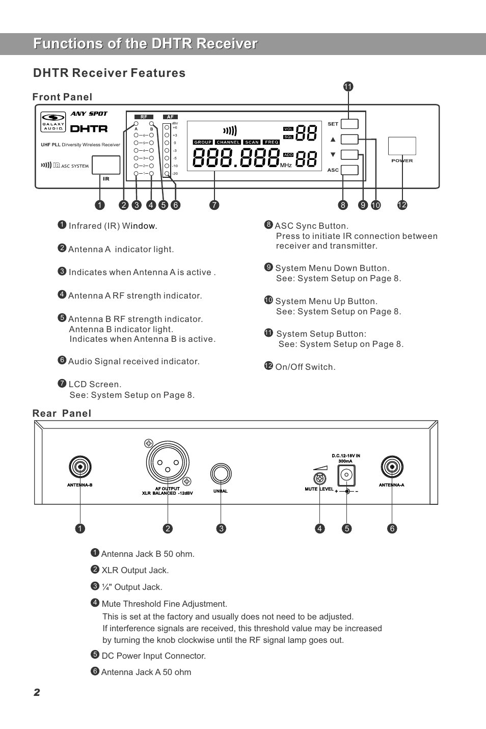 Functions of the dhtr receiver, Dhtr receiver features | Galaxy Audio DHT User Manual | Page 4 / 12