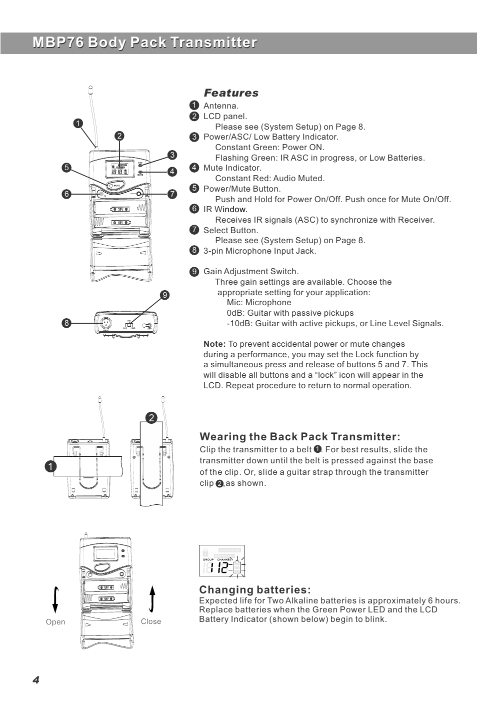 Mbp76 body pack transmitter, Wearing the back pack transmitter, Changing batteries | Features | Galaxy Audio DHT User Manual | Page 6 / 12