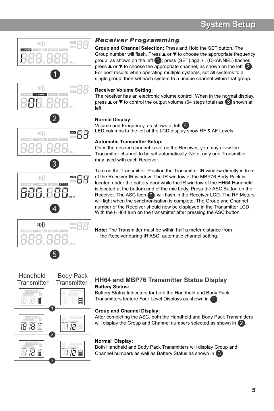 System setup, Hh64 and mbp76 transmitter status display, Handheld transmitter body pack transmitter | Receiver programming | Galaxy Audio DHT User Manual | Page 7 / 12