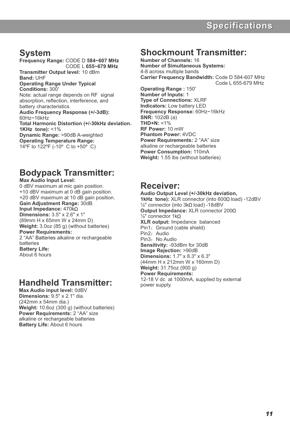 Specifications, Specifications system, Bodypack transmitter | Receiver, Shockmount transmitter, Handheld transmitter | Galaxy Audio DHT-QUAD User Manual | Page 13 / 16