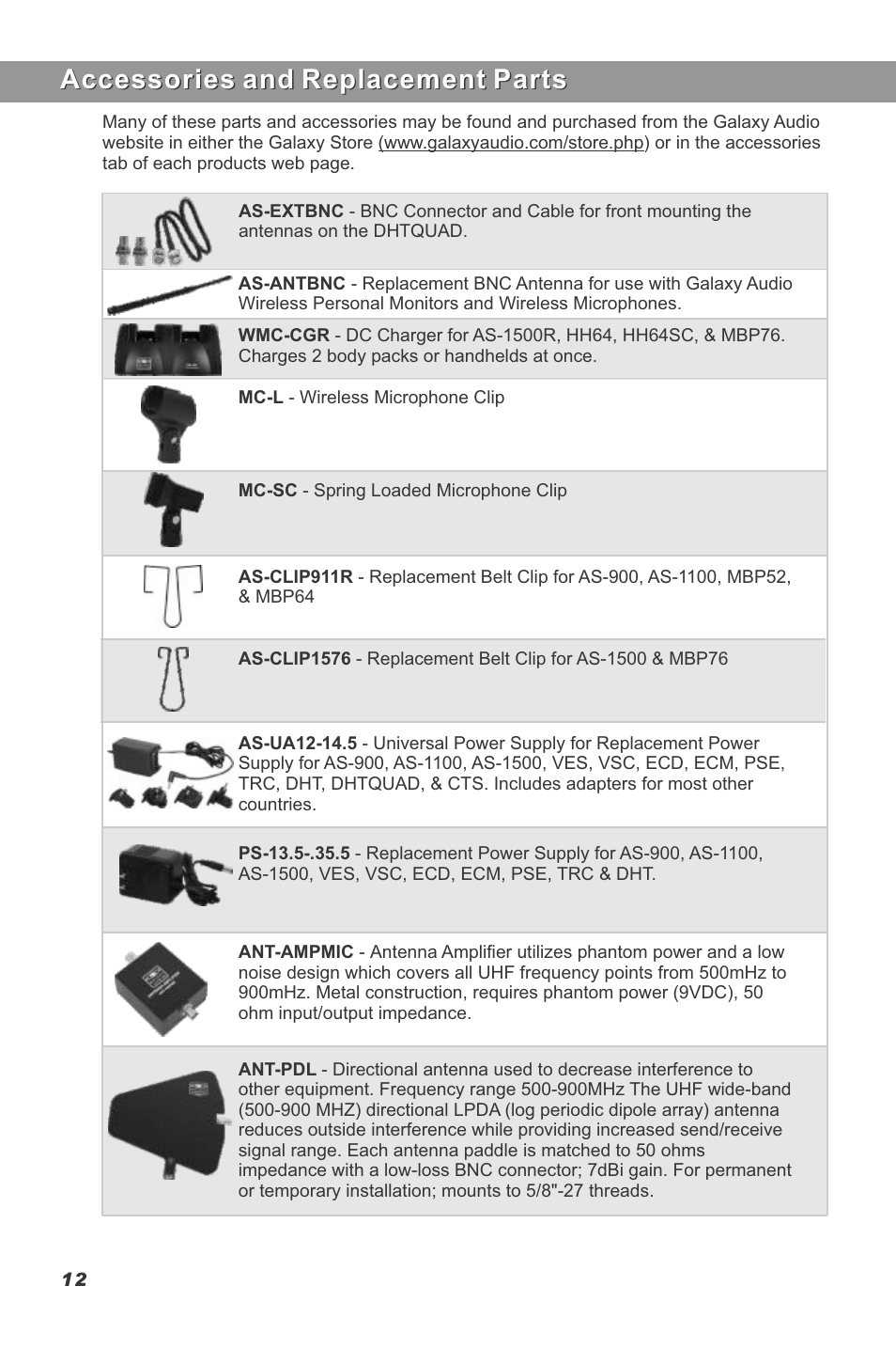 Accessories and replacement parts | Galaxy Audio DHT-QUAD User Manual | Page 14 / 16
