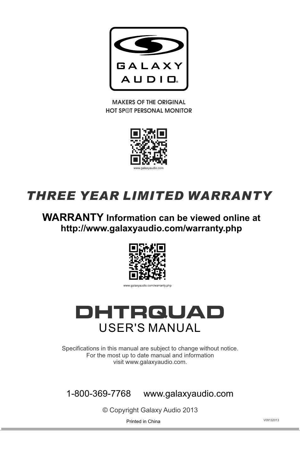 Dhtrquad, Three year limited warranty, User's manual | Warranty | Galaxy Audio DHT-QUAD User Manual | Page 16 / 16
