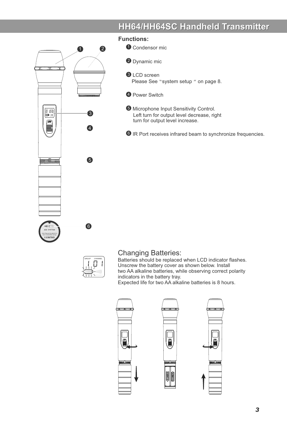 Hh64/hh64sc handheld transmitter, Changing batteries | Galaxy Audio DHT-QUAD User Manual | Page 5 / 16