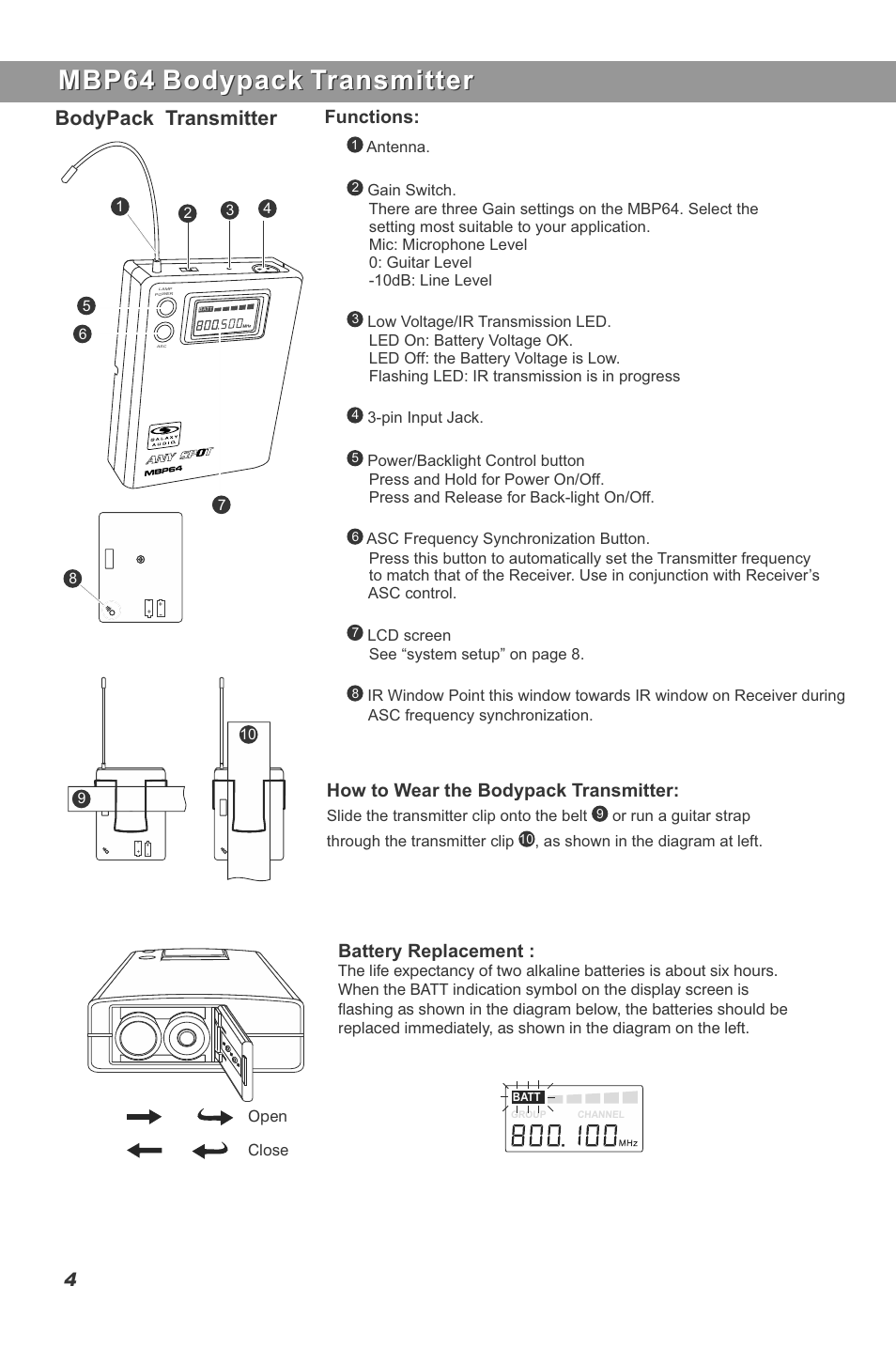 Mbp64 bodypack transmitter, Bodypack transmitter, Functions | How to wear the bodypack transmitter, Battery replacement | Galaxy Audio DHT-QUAD User Manual | Page 6 / 16