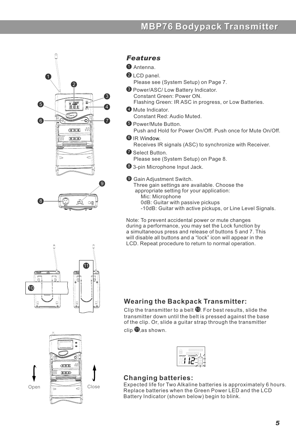 Mbp76 bodypack transmitter, Wearing the backpack transmitter, Changing batteries | Features | Galaxy Audio DHT-QUAD User Manual | Page 7 / 16