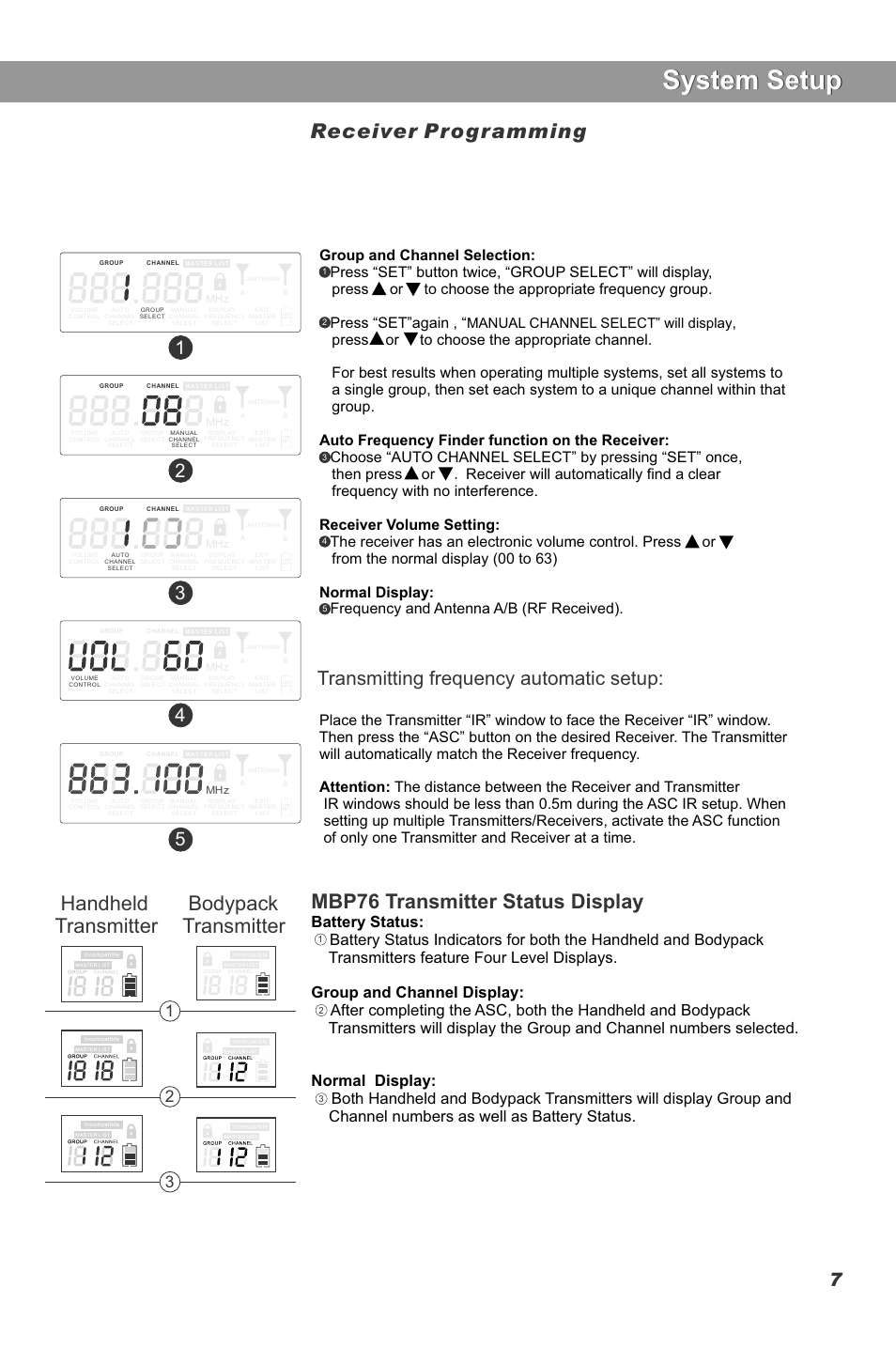 System setup, Mbp76 transmitter status display, Transmitting frequency automatic setup | Manual channel select” will display | Galaxy Audio DHT-QUAD User Manual | Page 9 / 16