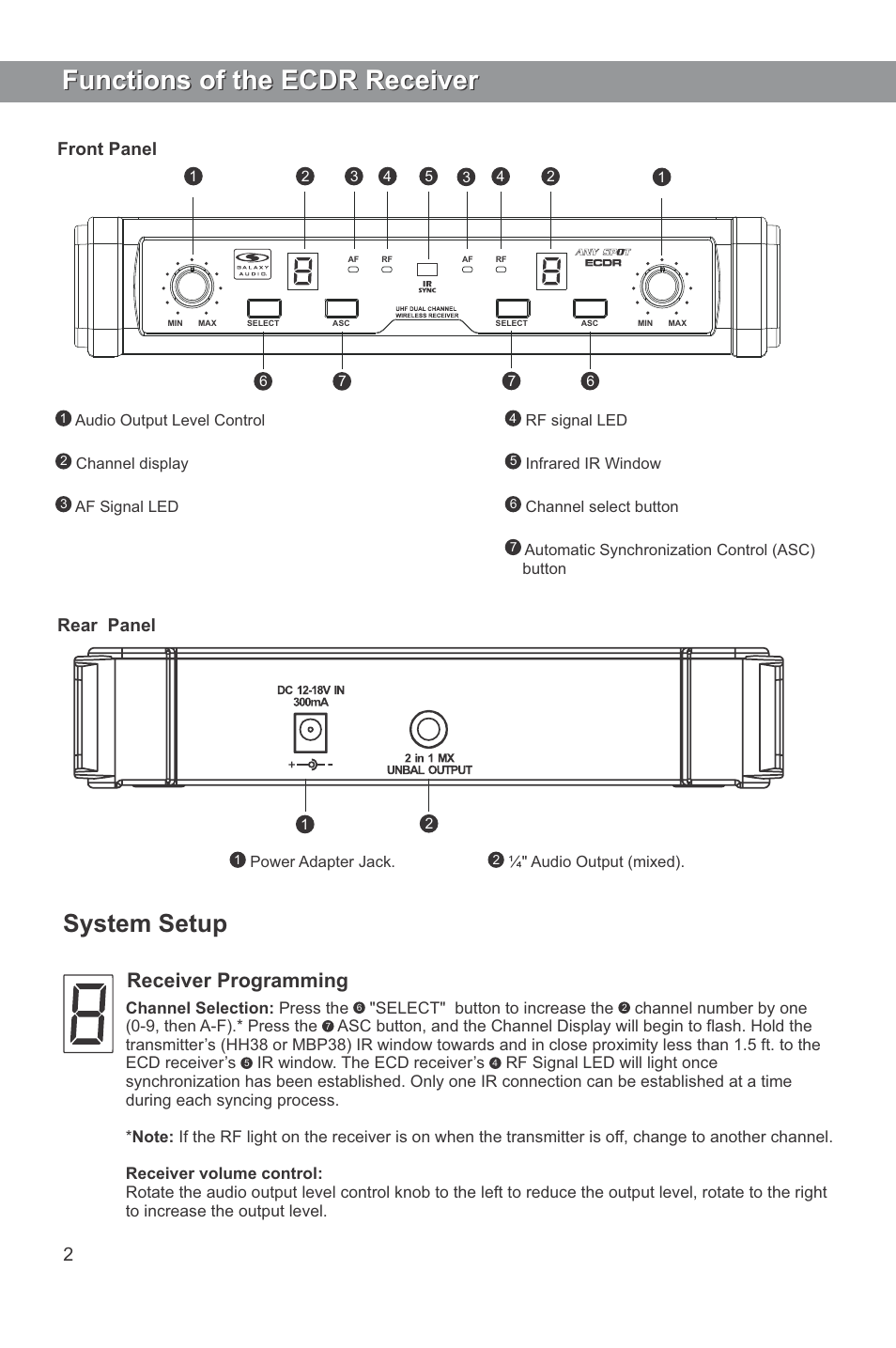 Functions of the ecdr receiver, System setup, Receiver programming | Front panel rear panel | Galaxy Audio ECD User Manual | Page 4 / 12