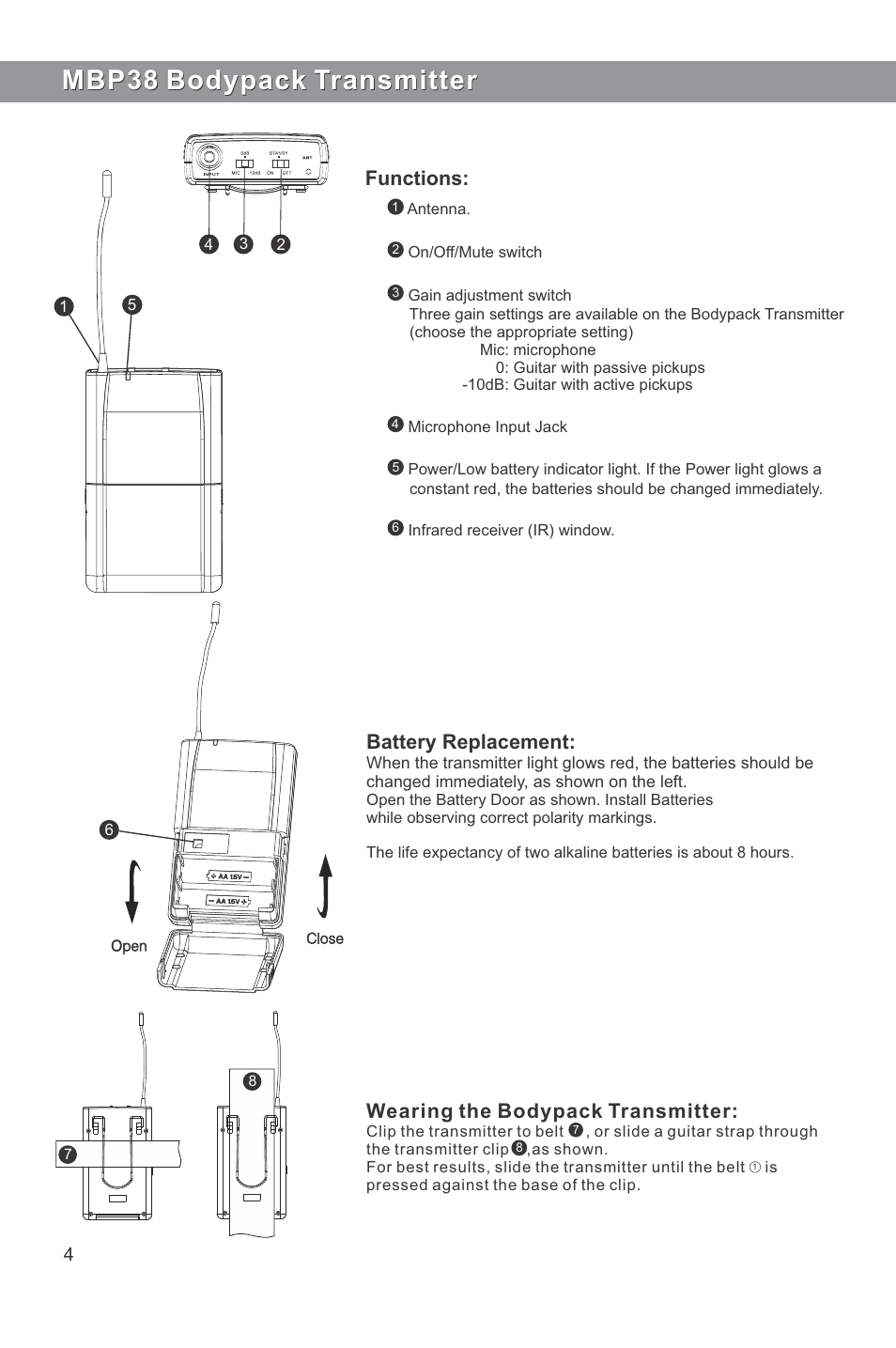 Mbp38 bodypack transmitter, Functions, Battery replacement | Wearing the bodypack transmitter | Galaxy Audio ECD User Manual | Page 6 / 12