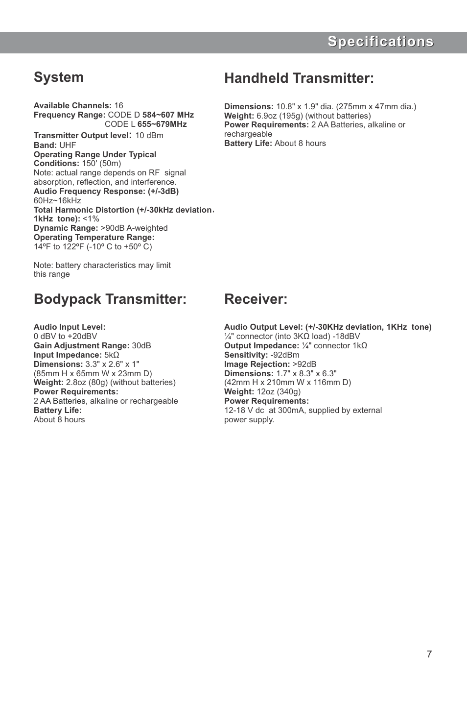 Specifications, Specifications system, Bodypack transmitter | Handheld transmitter, Receiver | Galaxy Audio ECD User Manual | Page 9 / 12