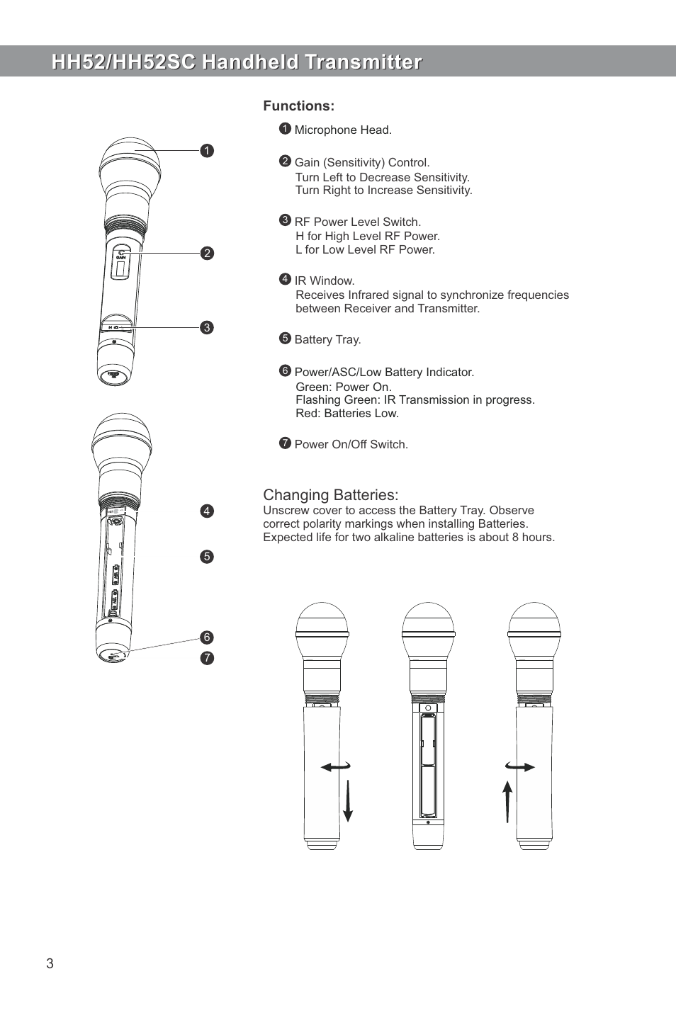 Hh52/hh52sc handheld transmitter, Changing batteries | Galaxy Audio ECM User Manual | Page 4 / 8