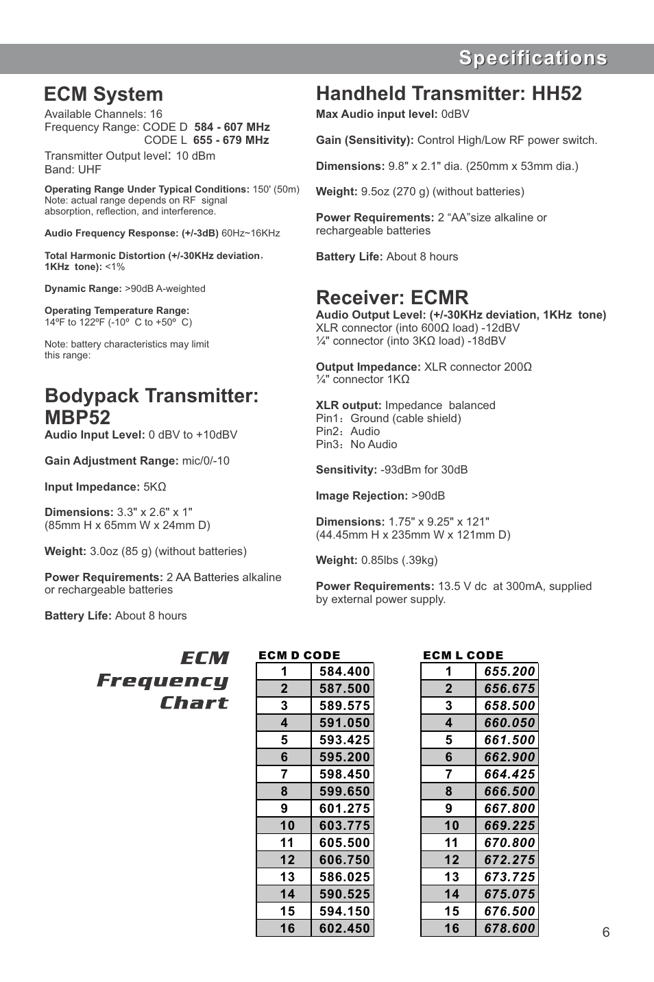 Specifications, Bodypack transmitter: mbp52, Handheld transmitter: hh52 receiver: ecmr | Ecm system | Galaxy Audio ECM User Manual | Page 7 / 8