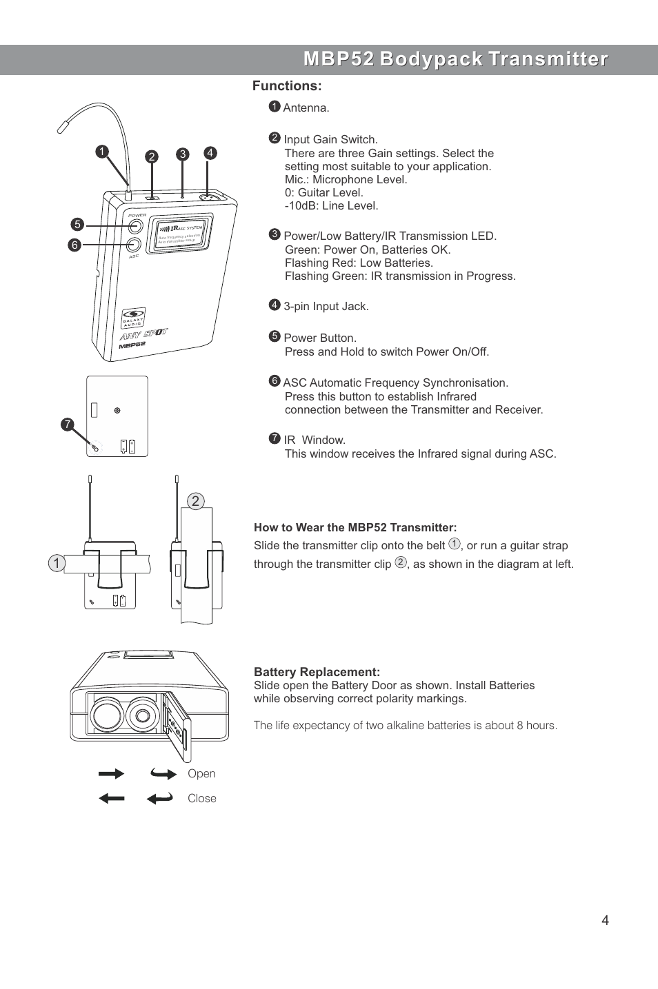 Mbp52 bodypack transmitter, Functions | Galaxy Audio PSE User Manual | Page 5 / 8