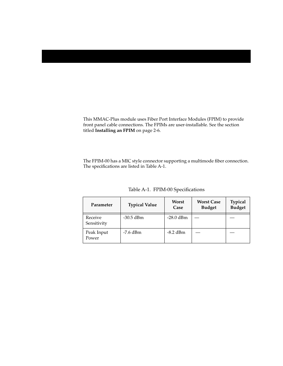 Fpim-00, Fpim specifications, Appendix a | Cabletron Systems 9F106-01 User Manual | Page 24 / 26