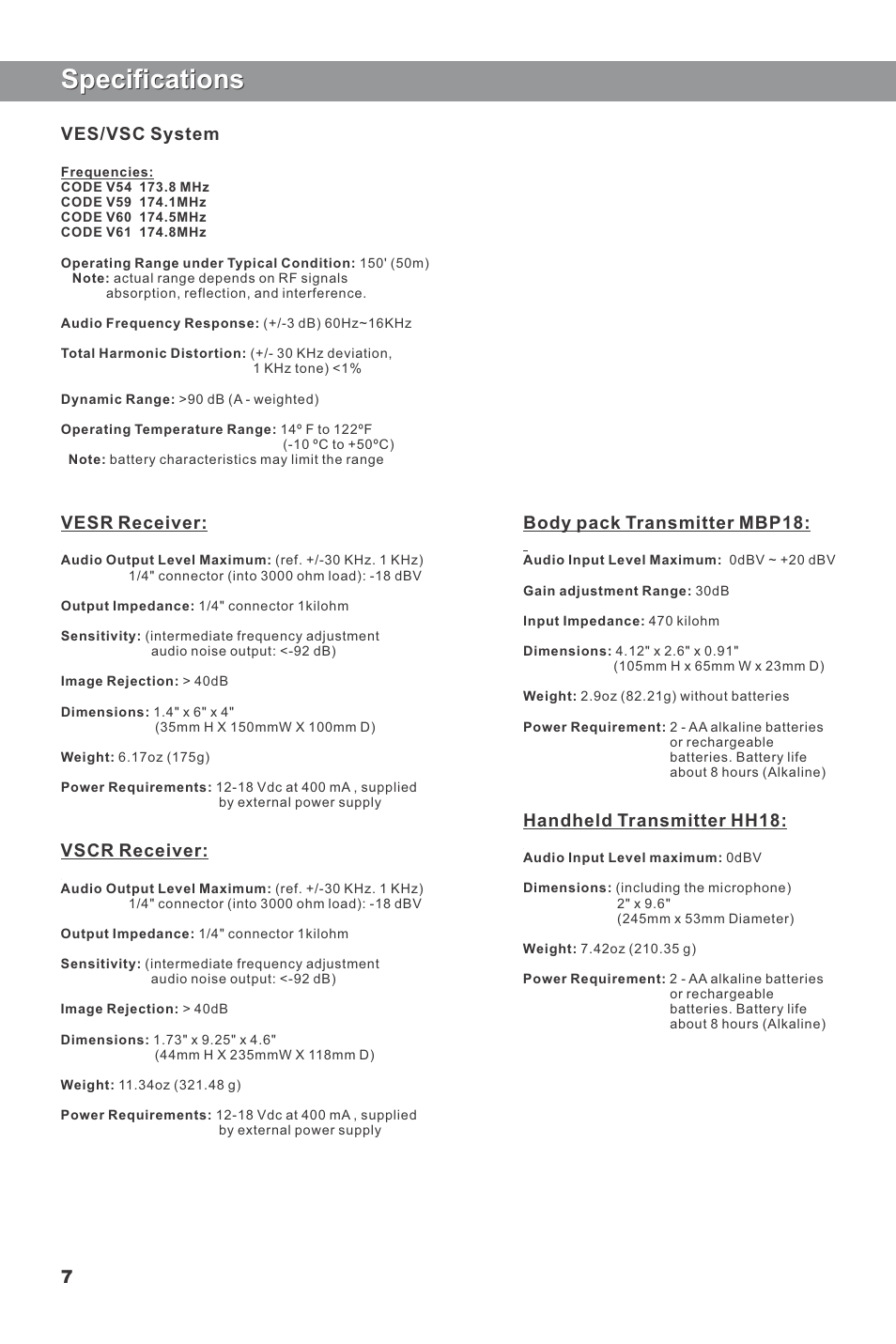 Specifications, Ves/vsc system, Vesr receiver | Vscr receiver, Body pack transmitter mbp18, Handheld transmitter hh18 | Galaxy Audio VHF User Manual | Page 10 / 12