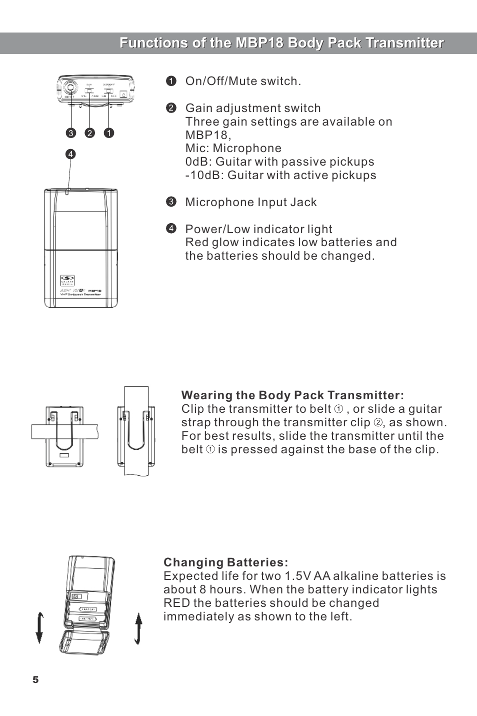 Functions of the mbp18 body pack transmitter | Galaxy Audio VHF User Manual | Page 8 / 12