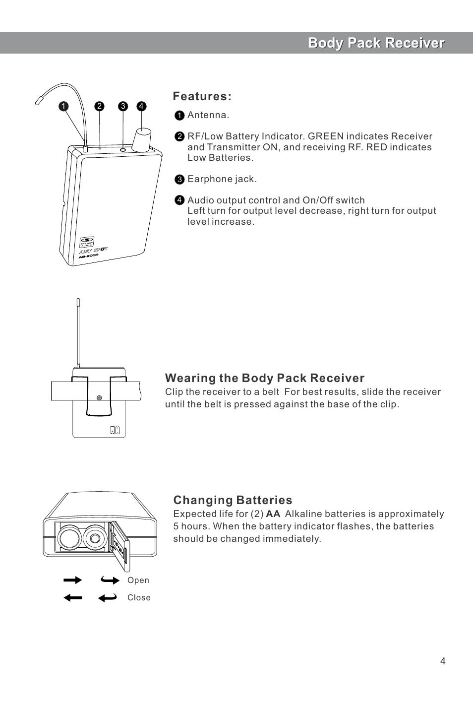 Body pack receiver, Changing batteries, Wearing the body pack receiver | Features | Galaxy Audio AS-900 User Manual | Page 5 / 8