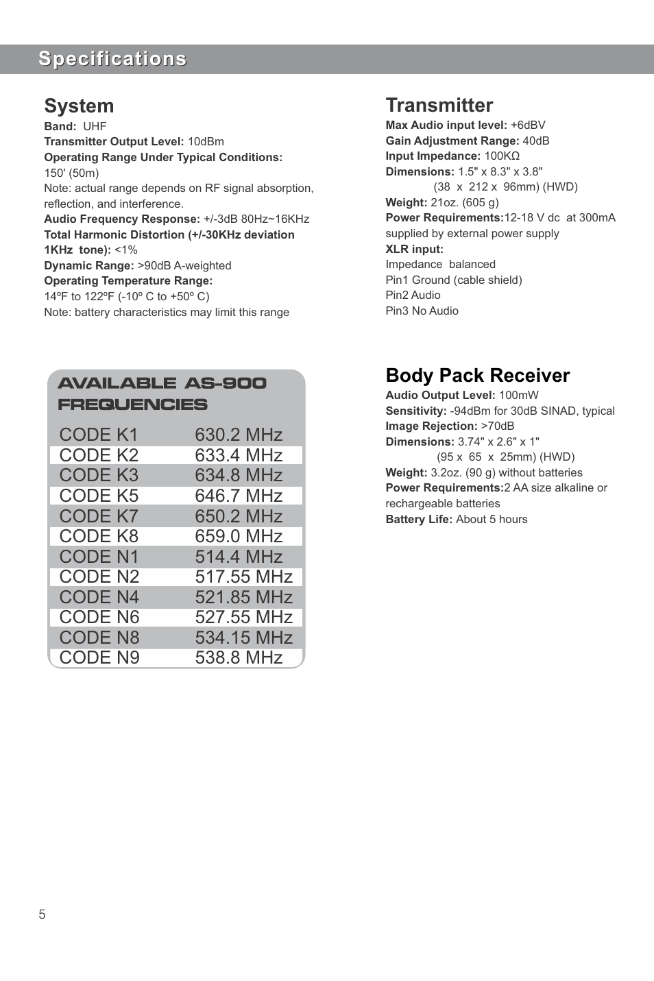 Specifications, Specifications body pack receiver, System | Transmitter | Galaxy Audio AS-900 User Manual | Page 6 / 8