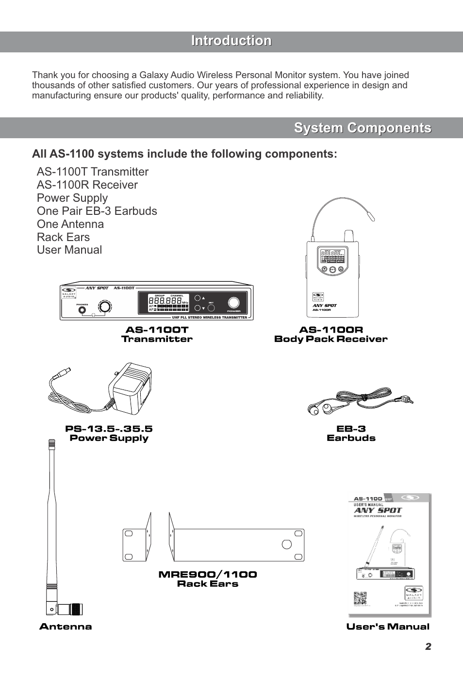 System components, Introduction | Galaxy Audio AS-1100 User Manual | Page 3 / 8